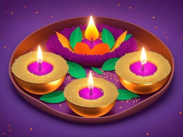 Velas Diwali bellamente decoradas colocadas en una bandeja decorada