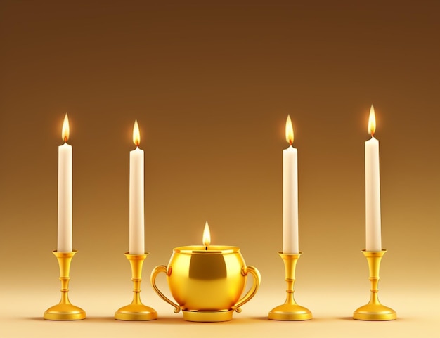 Velas douradas com três velas acesas em uma mesa