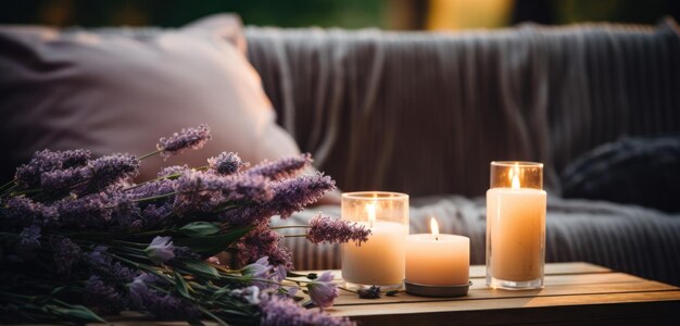 velas e flores de lavanda no sofá com velas na madeira