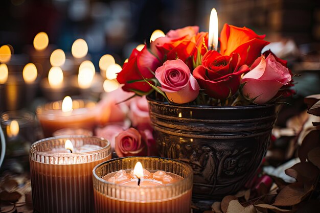 velas e flores em uma mesa com algumas rosas nos vasos um ao lado do outro velas acesas também são visíveis