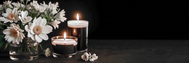 Velas e flores queimadas em fundo preto com espaço para texto uma lista de obituários de mortos conceito de funeral IA generativa