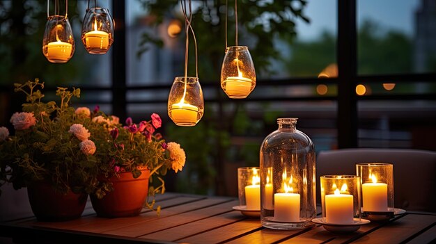 Foto velas e lâmpadas penduradas no terraço em uma noite de verão