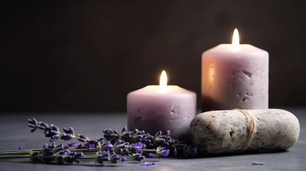 Velas e lavanda em uma mesa com uma pedra