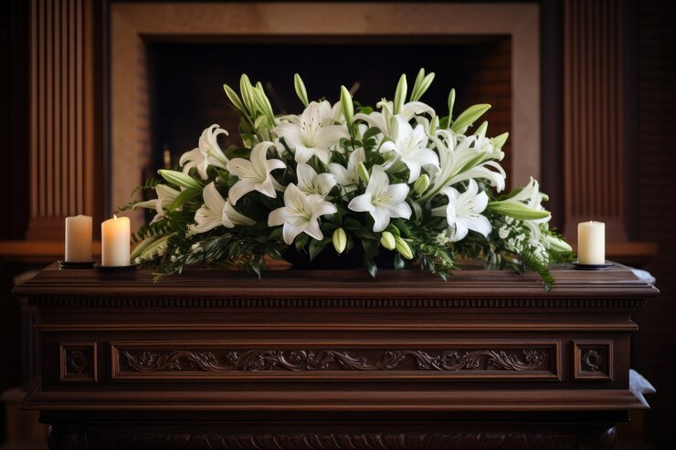 Foto velas e lírios em caixão funerário de madeira