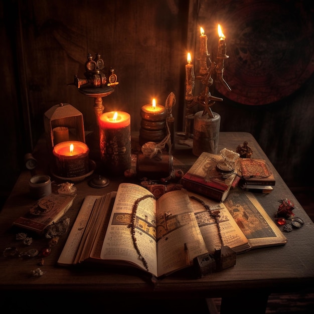 Velas e livros estão sobre uma mesa com uma vela generativa ai