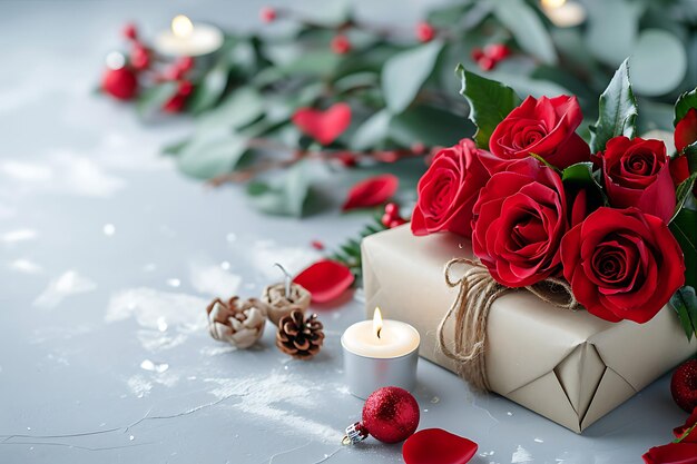 Velas e rosas vermelhas em uma mesa branca com caixa