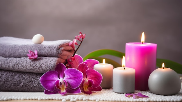 velas e toalhas estão em uma mesa com uma flor e uma vela generativa ai