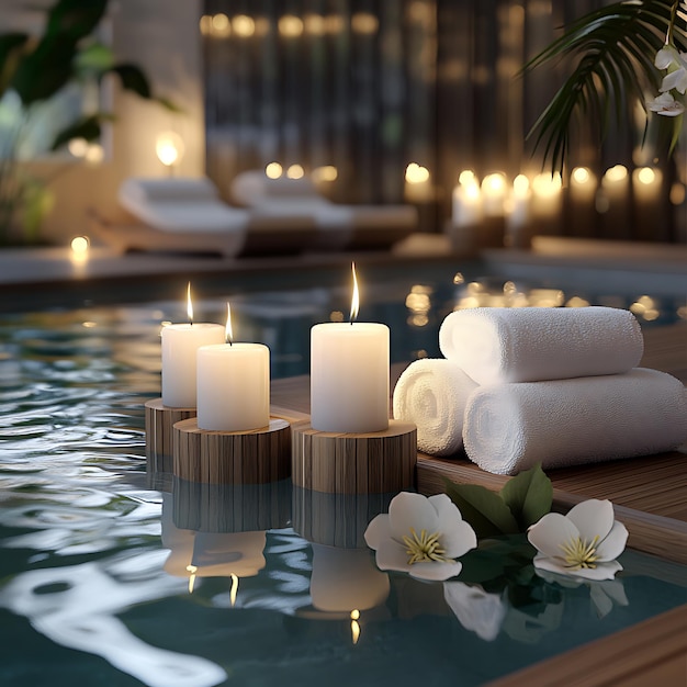 velas e toalhas são colocadas em uma bandeja perto de uma piscina