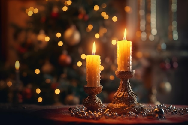 Velas em castiçais requintados no fundo de uma árvore de Natal