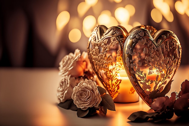 Velas em forma de coração de dia dos namorados de ouro de luxo romântico e buquê de flores Generative AI