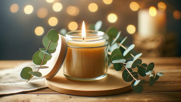 velas em frascos de vidro com tampas de madeira colocadas em uma mesa de madeira rústica velas feitas de cera de soja