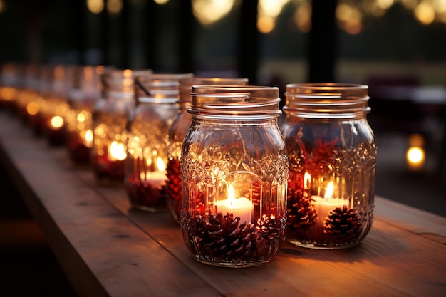 velas em potes de pedreiro com velas em uma mesa de madeira