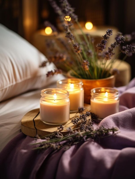 velas em uma cama com travesseiro branco e cobertor roxo.