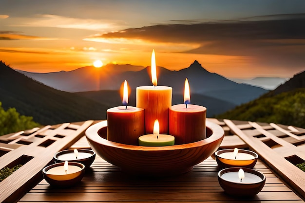 Velas em uma mesa com montanhas ao fundo