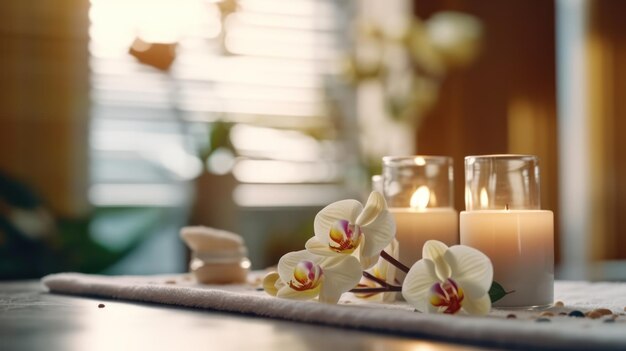 Foto velas em uma mesa com orquídeas