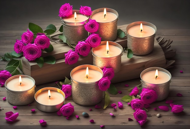 Velas em uma mesa com rosas sobre ele