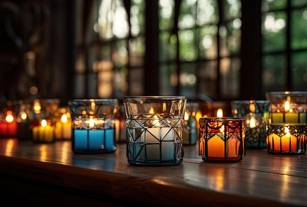 velas em uma mesa de madeira perto de janelas de vidro colorido