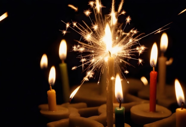 Foto velas encendidas con una chispa en el centro contra un fondo oscuro en el pastel