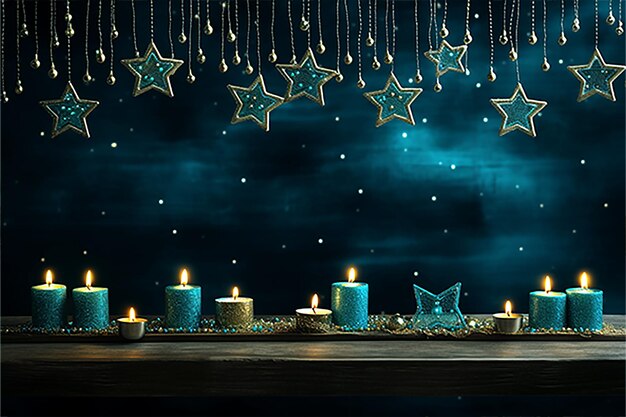 Velas encendidas y estrellas en fondo oscuro concepto de Navidad y Año Nuevo