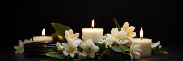 Velas encendidas y flores blancas sobre fondo negro con espacio para texto