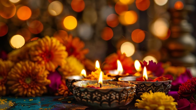 velas encendidas con flores en tonos naranja en la alfombra
