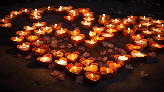 Velas encendidas en forma de corazón sobre un fondo oscuro IA generativa