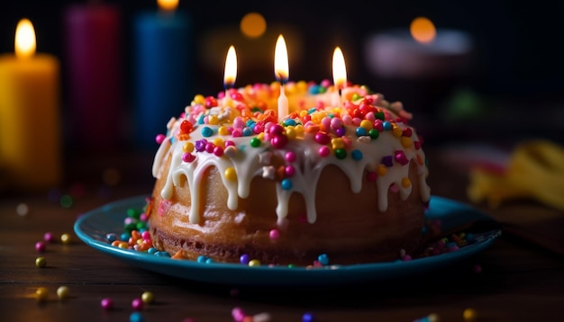 Las velas encendidas iluminan la dulce indulgencia de cumpleaños en el interior generada por IA