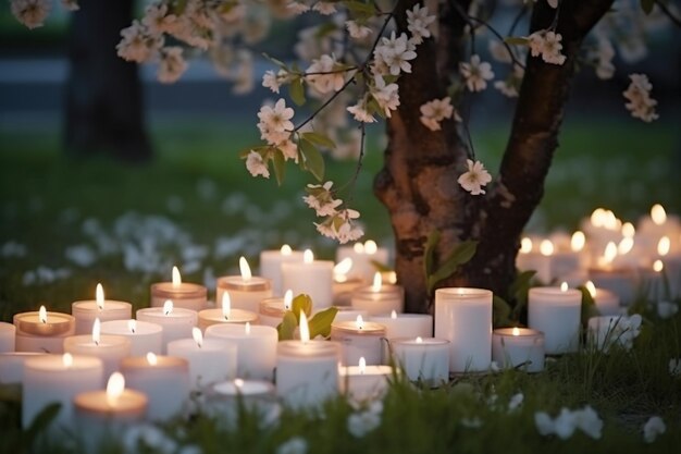 Velas encendidas en el jardín con flores de cerezo en flor