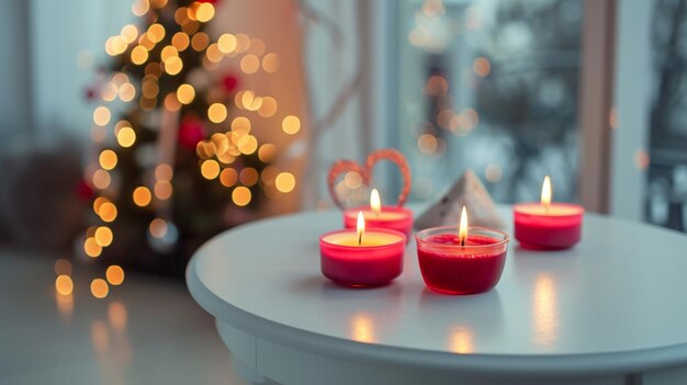 Velas encendidas en una mesa blanca en el interior concepto del día de San Valentín Generativo Ai