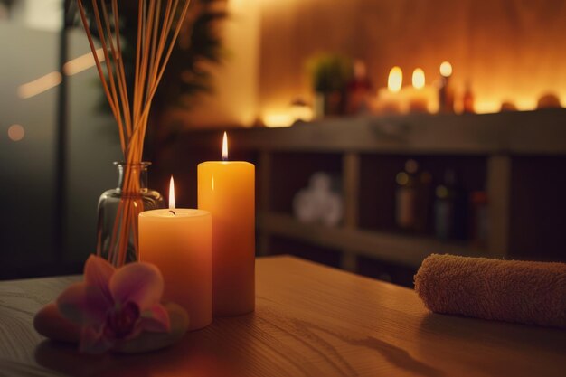 Velas encendidas y refrescante aromático de caña en la mesa en el espacio del salón de spa para el texto