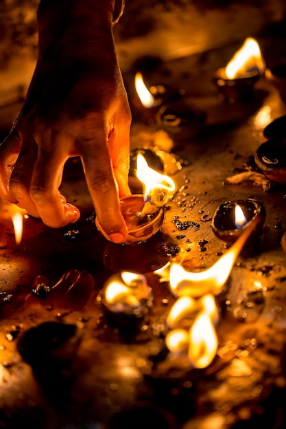 Velas encendidas en el templo indio. Diwali el festival de las luces. Advertencia: disparos auténticos con iso alto en condiciones de iluminación difíciles. Un poco de grano y efectos de movimiento borrosos.