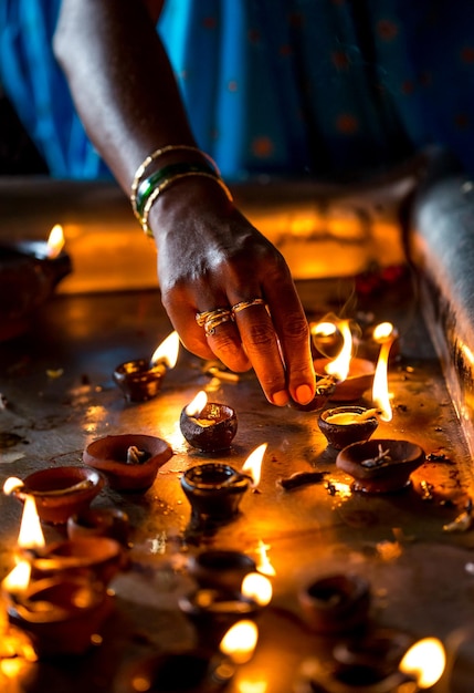 Foto velas encendidas en el templo indio. diwali - el festival de las luces.