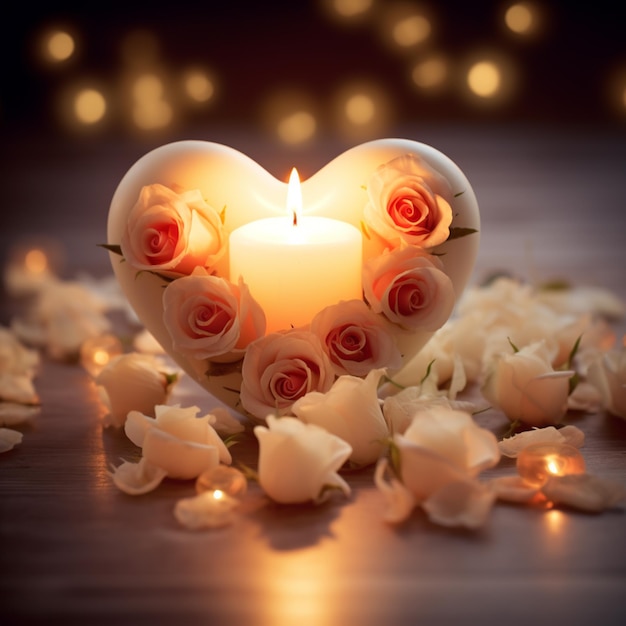 Foto las velas se encienden en un arreglo en forma de corazón con rosas ai generativo
