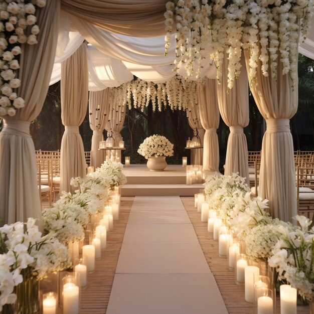 las velas se encienden frente a una ceremonia de boda con flores blancas generativa ai