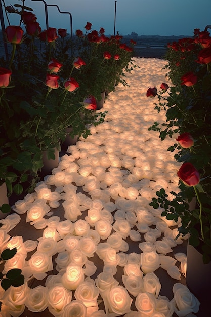 las velas se encienden en una hilera de rosas en una pasarela ai generativa