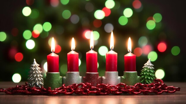 Foto las velas están encendidas en una mesa con un árbol de navidad en el fondo.