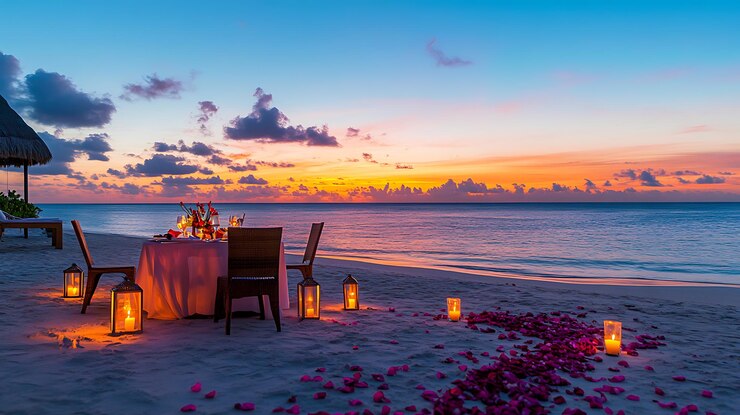 las velas están encendidas en una mesa en la playa al atardecer
