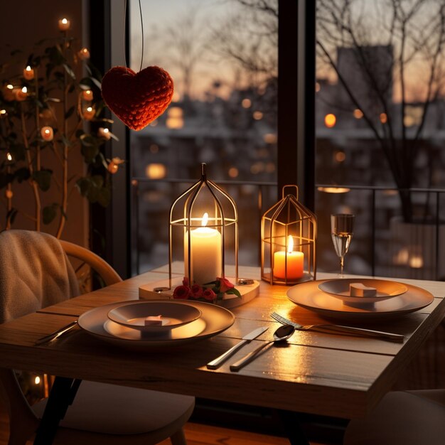 Foto las velas están encendidas en una mesa con una vista de una ciudad generativa ai