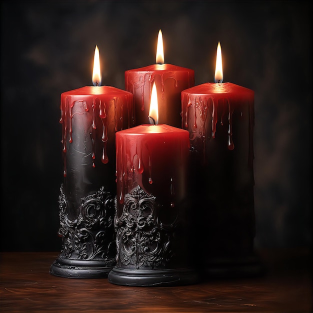 Velas de estilo gótico rojas y negras con fondo oscuro