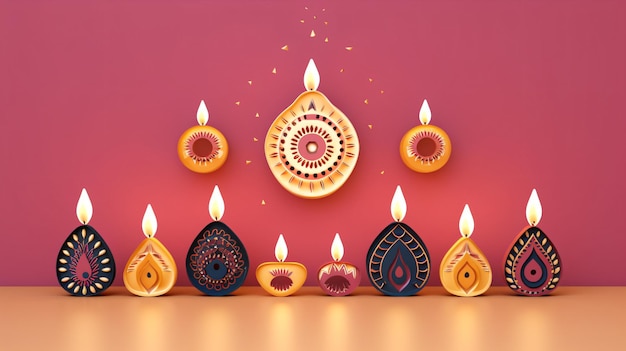 Velas festivas de Diwali com brilho rosa como símbolos de luz