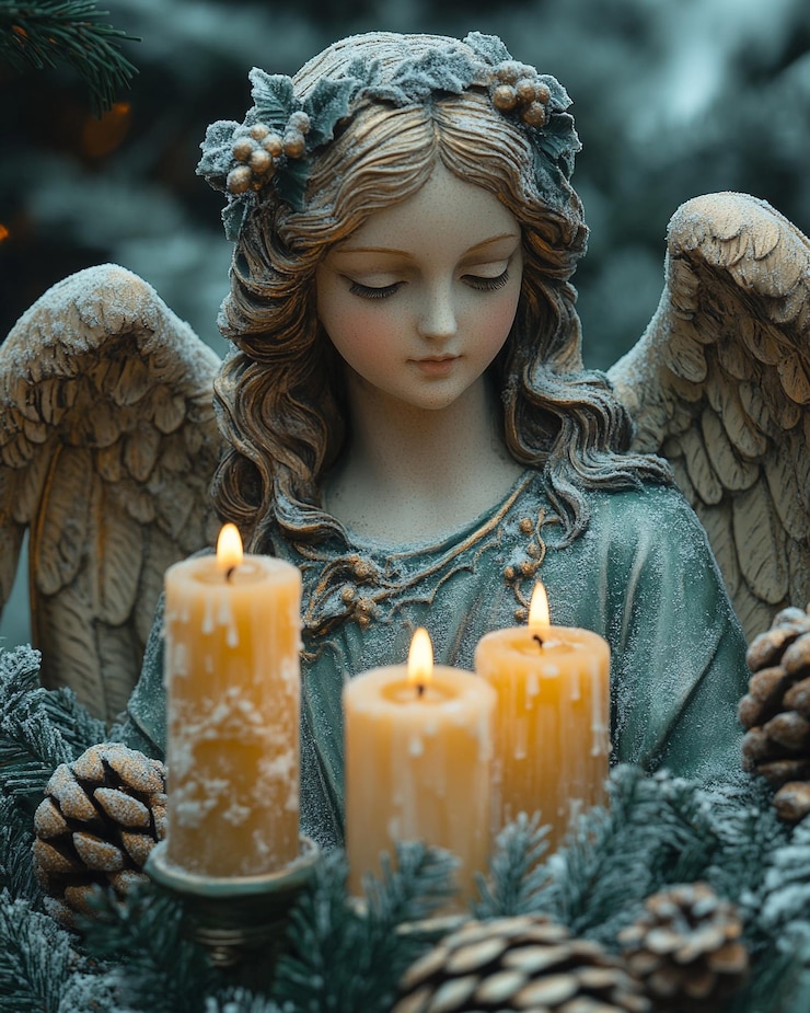 Las velas festivas de Navidad con decoraciones de ángeles