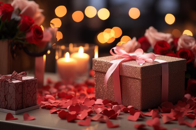 velas y flores están sobre una mesa con una caja de regalo generativa ai