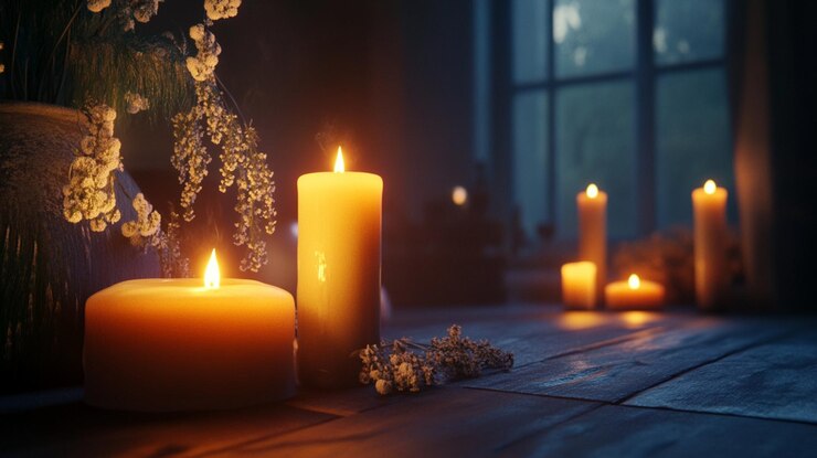 velas con flores en el fondo y una ventana detrás de ellos velas encendidas en la mesa en la habitación