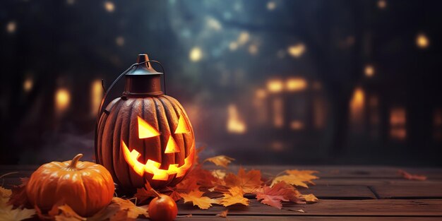 Velas de follaje otoñal y calabazas de Halloween sobre un fondo de madera Ai generativa