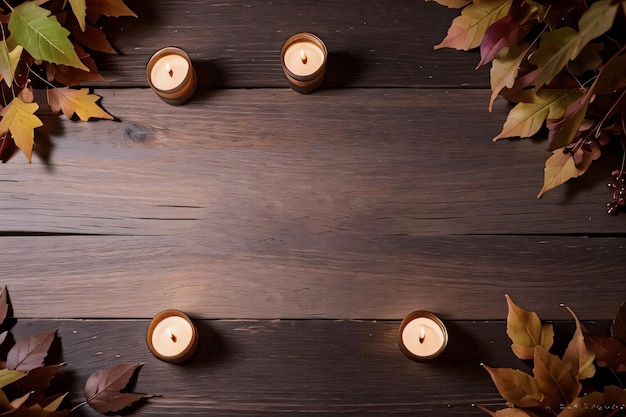 Velas de fondo de madera y hojas de otoño fondo de maqueta de plantilla de banner