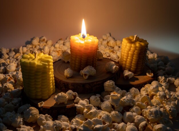 Velas en forma de maíz entre palomitas