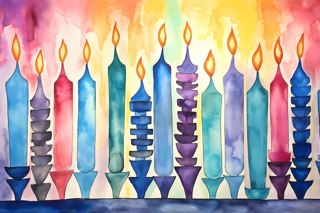 las velas de hanukkah de acuarela