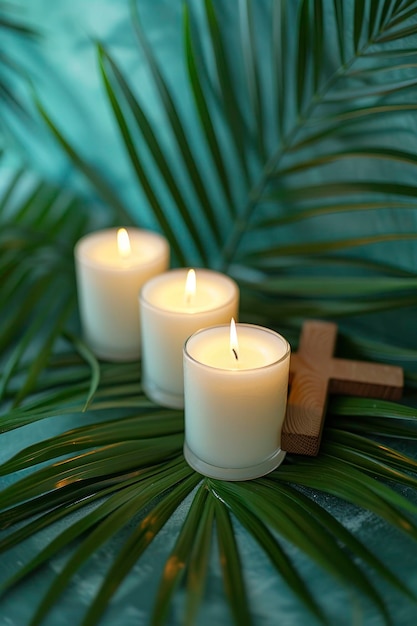 Velas de hojas de palma y una santa cruz de madera graciosamente colocadas contra un fondo celestial para un Tranq