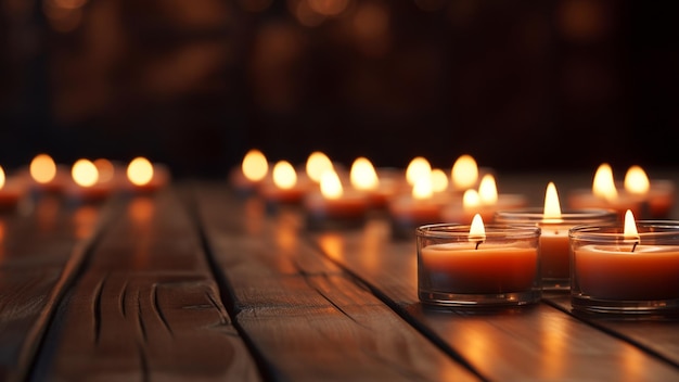 velas con iluminación de tono cálido en el suelo de madera concepto pacífico y tranquilo