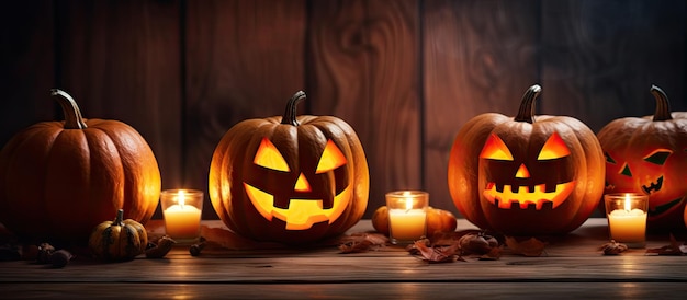 Las velas iluminan calabazas sobre una mesa de madera para Halloween